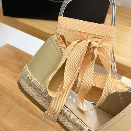 PRADA 26S LACE UP ESPADRILLE FLATS IN BEIGE CALFSKIN