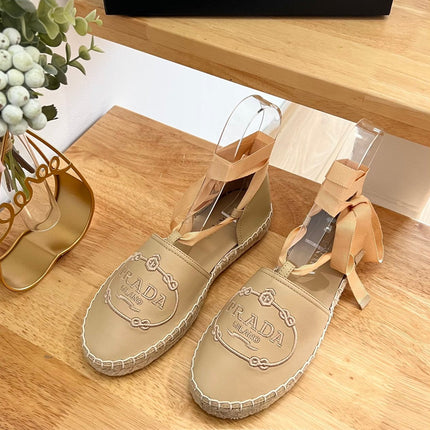 PRADA 26S LACE UP ESPADRILLE FLATS IN BEIGE CALFSKIN