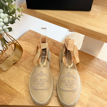 PRADA 26S LACE UP ESPADRILLE FLATS IN BEIGE CALFSKIN