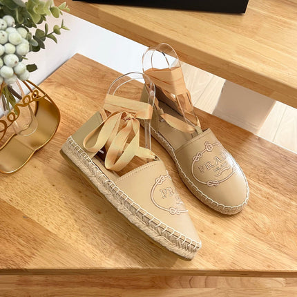 PRADA 26S LACE UP ESPADRILLE FLATS IN BEIGE CALFSKIN