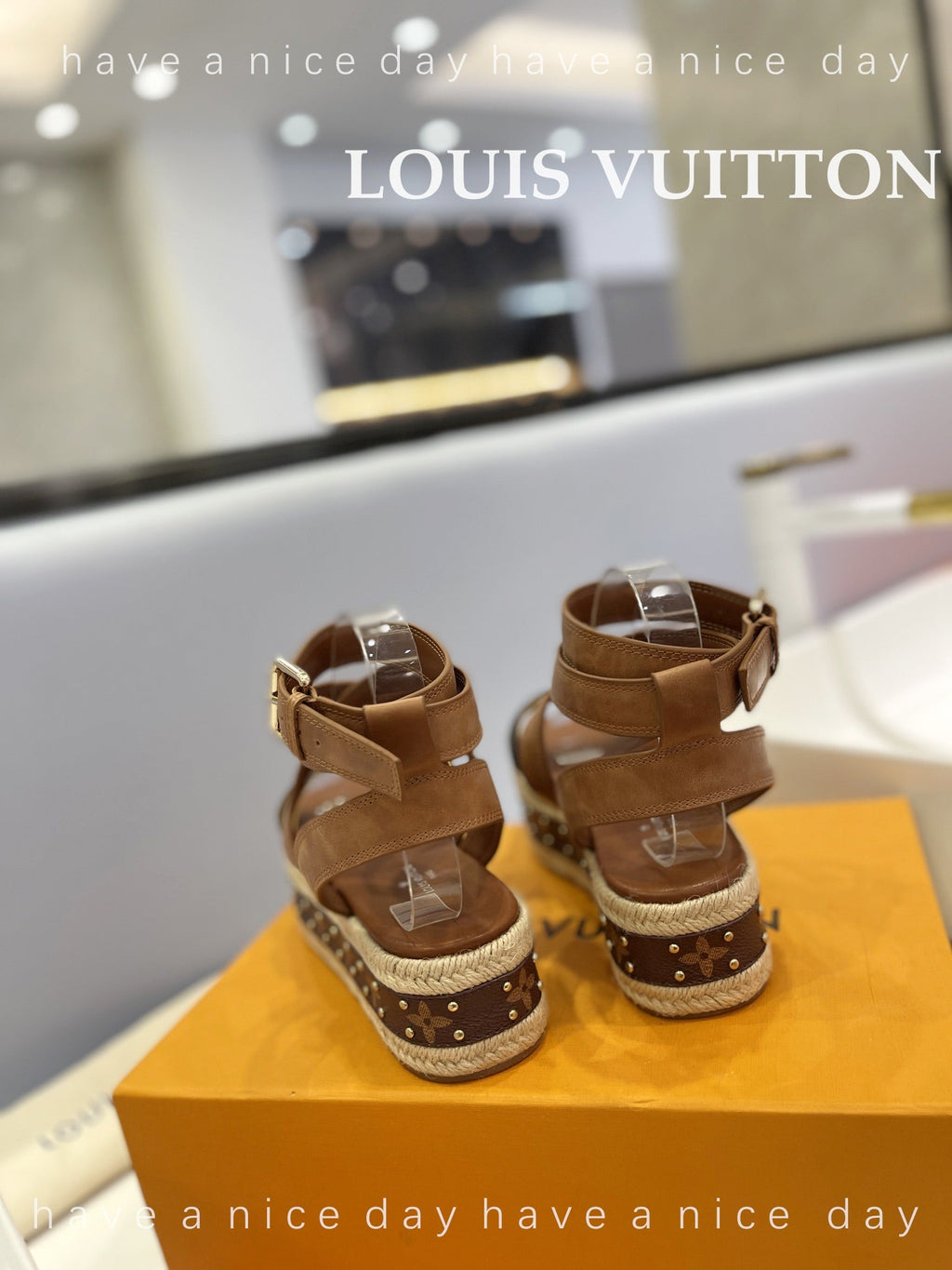 LV 26S STUDDED WEDGE SANDALS 70 MM IN BROWN COATED CANVAS AND LAMBSKIN