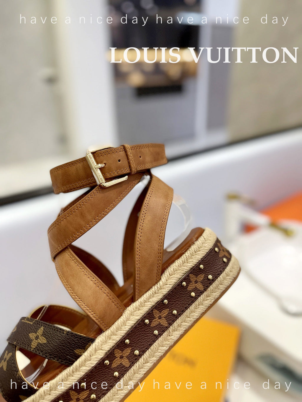 LV 26S STUDDED WEDGE SANDALS 70 MM IN BROWN COATED CANVAS AND LAMBSKIN