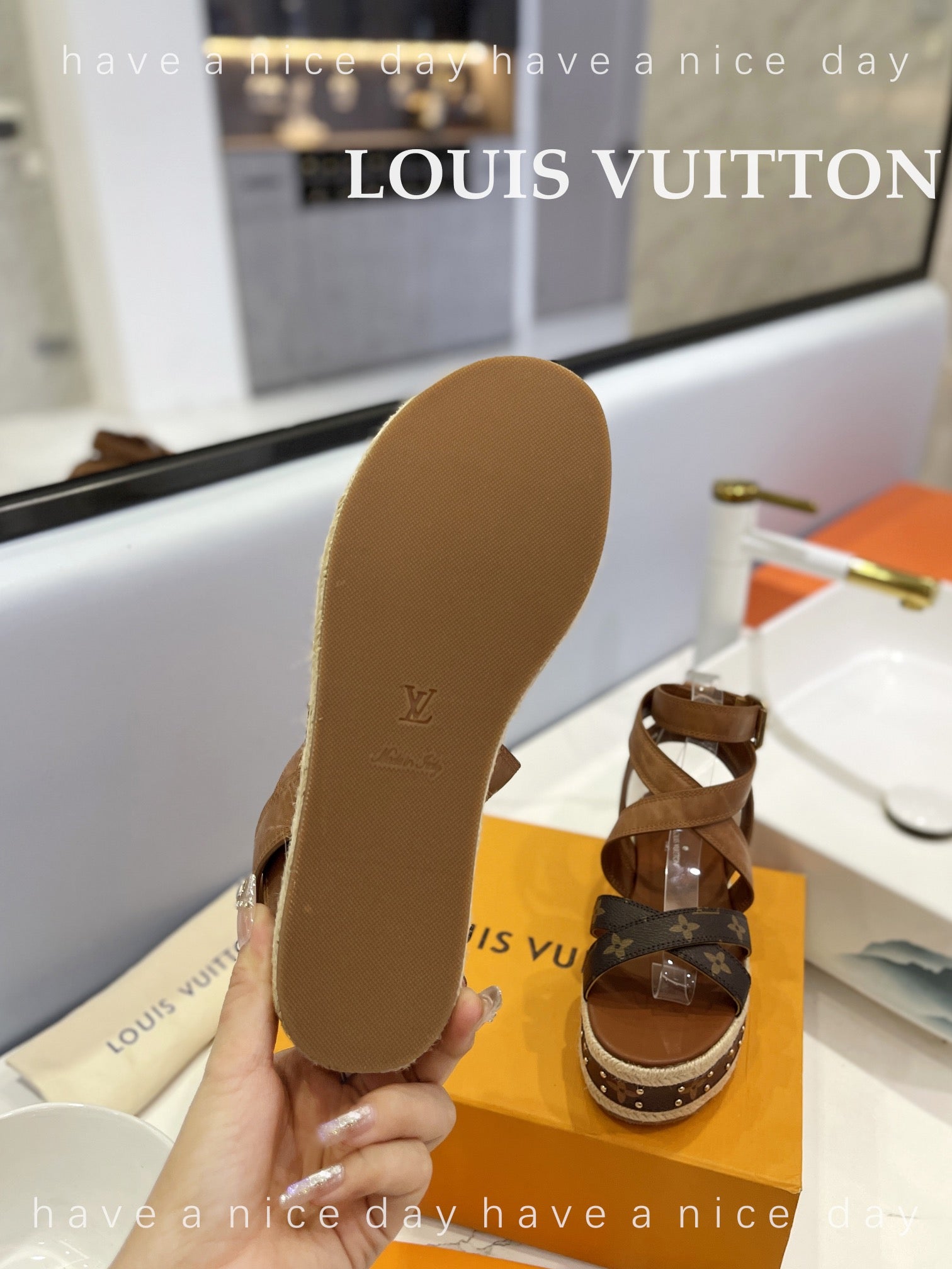 LV 26S STUDDED WEDGE SANDALS 70 MM IN BROWN COATED CANVAS AND LAMBSKIN