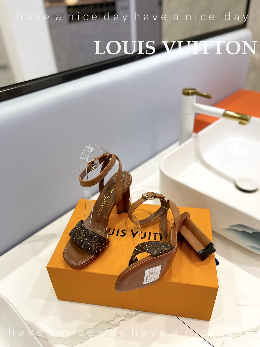 LV 26S HIGH HEEL SANDALS 80 MM IN BROWN MONOGRAM CANVAS WITH STUDS