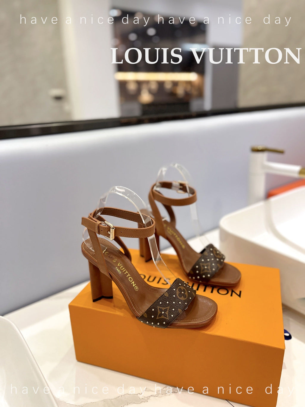 LV 26S HIGH HEEL SANDALS 80 MM IN BROWN MONOGRAM CANVAS WITH STUDS