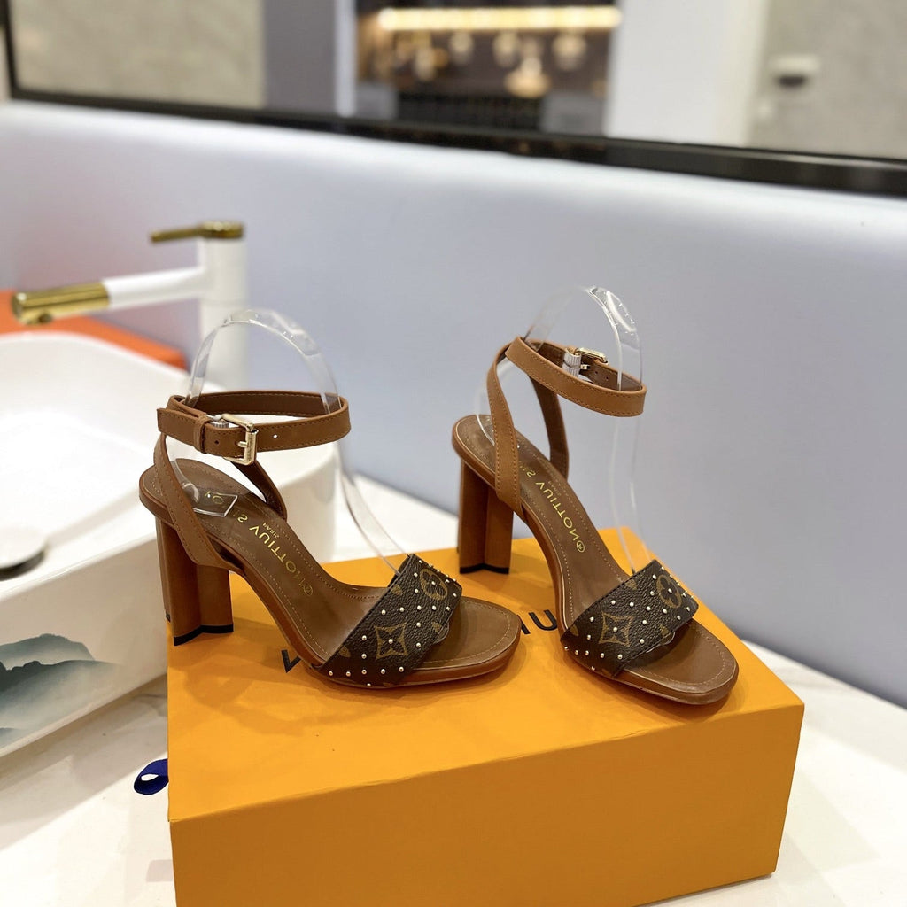 LV 26S HIGH HEEL SANDALS 80 MM IN BROWN MONOGRAM CANVAS WITH STUDS