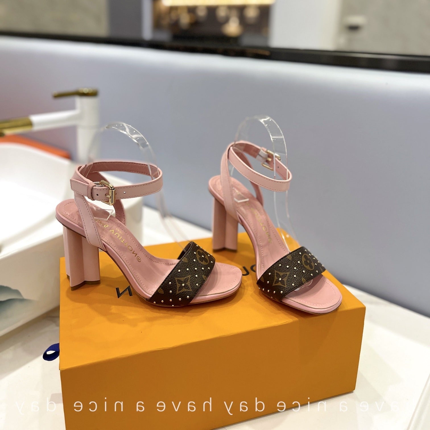 LV 26S HIGH HEEL SANDALS 80 MM IN LIGHT PINK AND DARK BROWN MONOGRAM CANVAS WITH STUDS