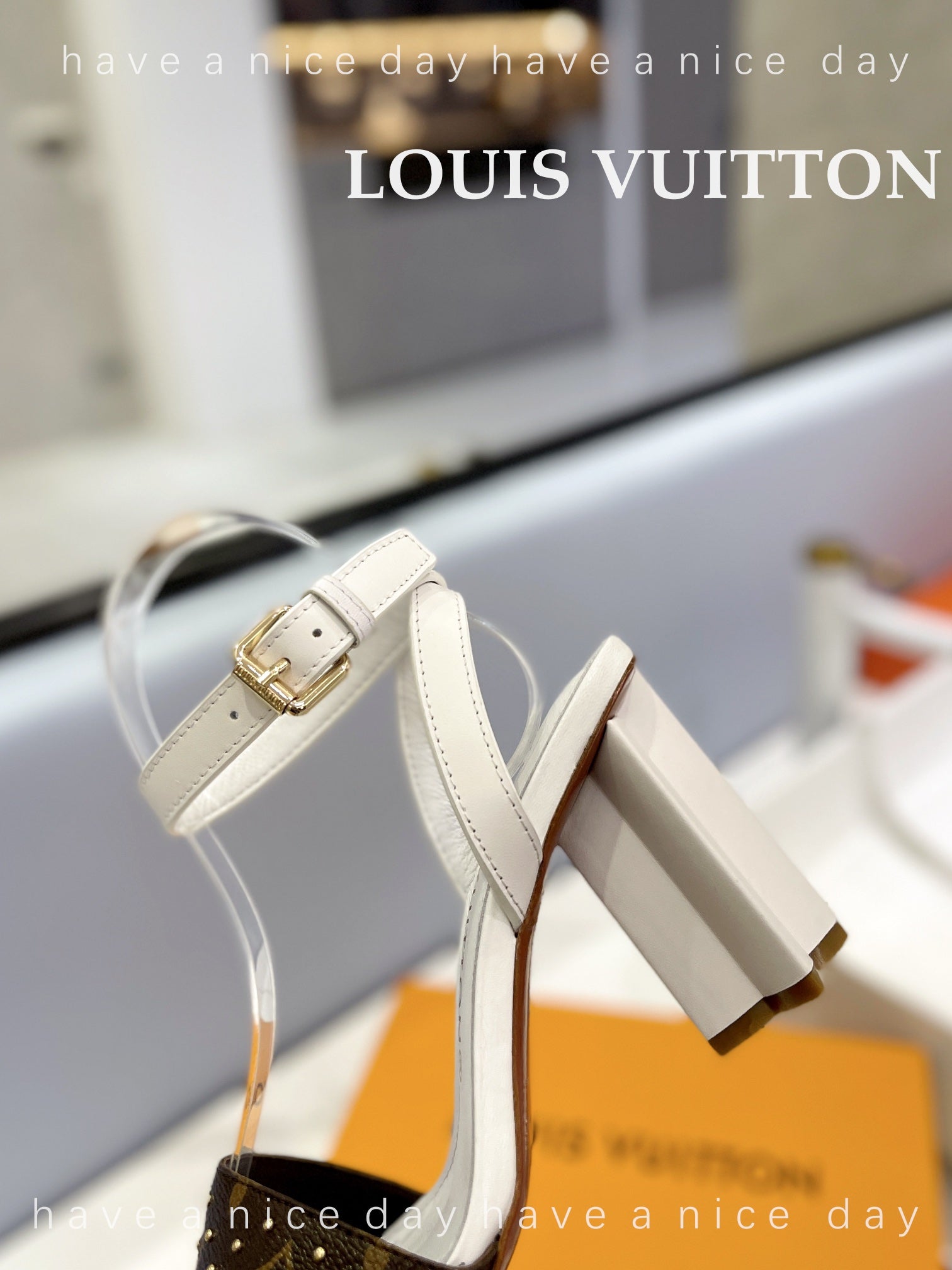 LV 26S HIGH HEEL SANDALS 80 MM IN WHITE AND DARK BROWN MONOGRAM CANVAS WITH STUDS