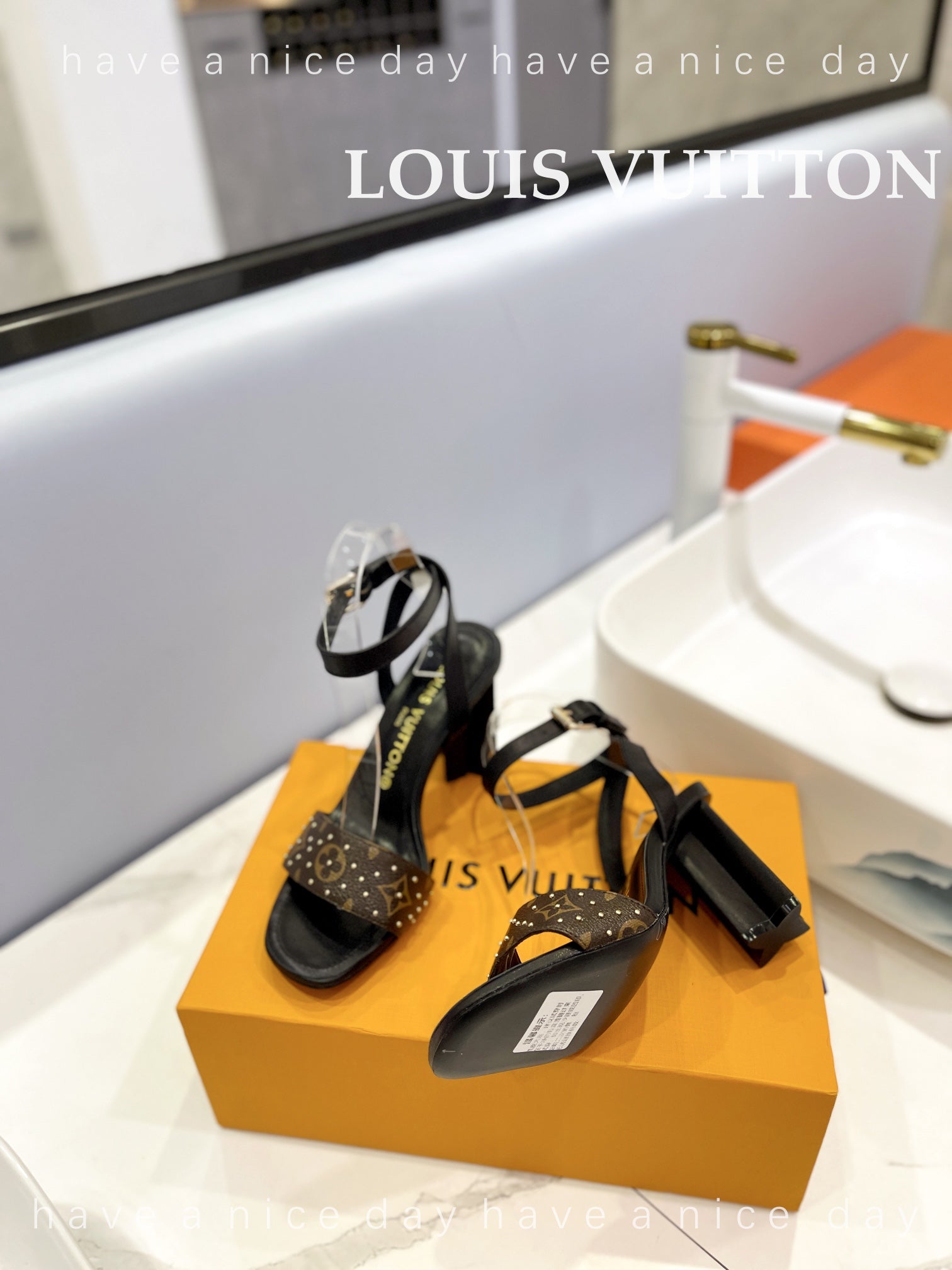 LV 26S HIGH HEEL SANDALS 80 MM IN BLACK AND DARK BROWN MONOGRAM CANVAS WITH STUDS