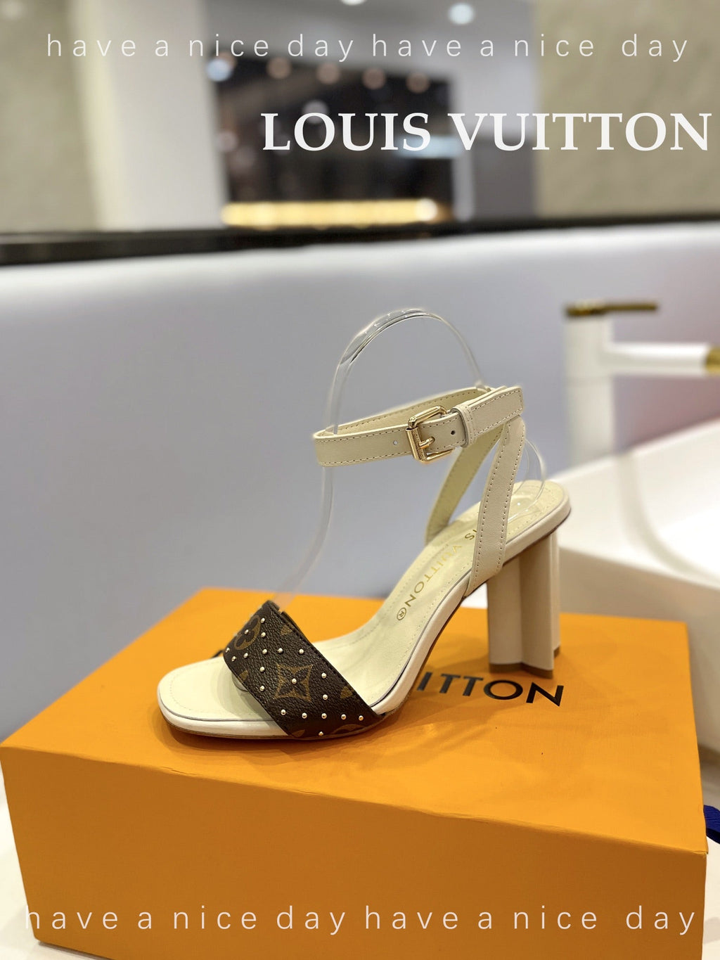LV 26S HIGH HEEL SANDALS 80 MM IN BEIGE AND DARK BROWN MONOGRAM CANVAS WITH STUDS