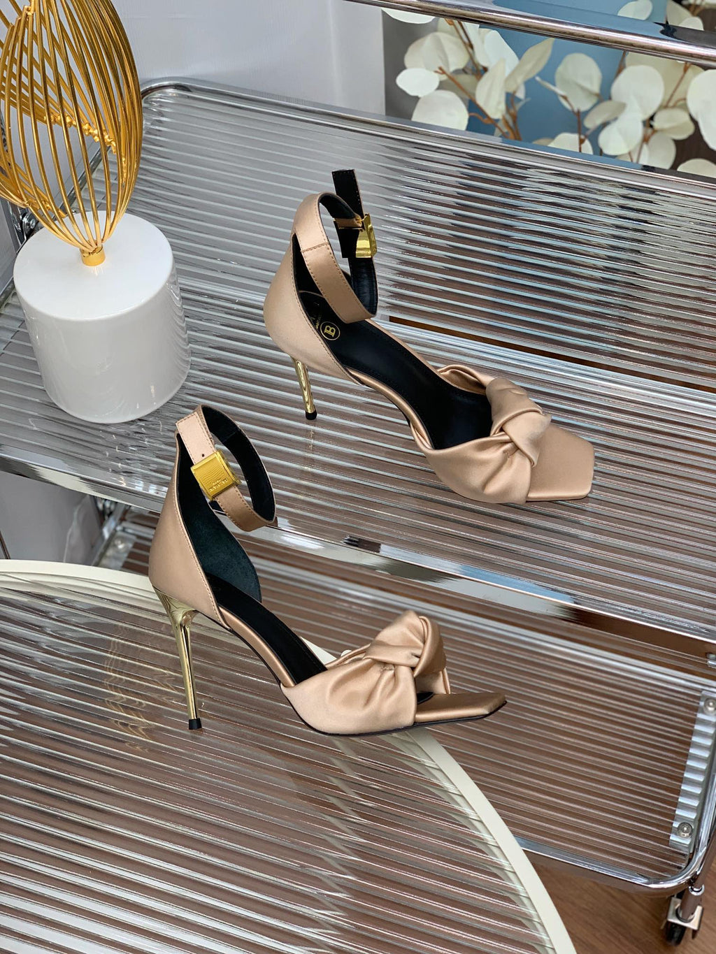 BALMAIN 25S KNOTTED HIGH HEELS 95MM IN LIGHT CARAMEL SATIN