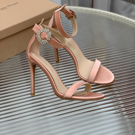 GIANVITO ROSSI 26S HIGH HEEL SANDALS 105 MM IN PASTEL PINK FABRIC WITH CRYSTAL BUCKLE