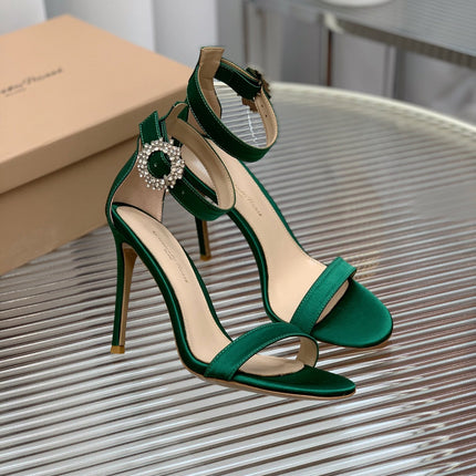 GIANVITO ROSSI 26S HIGH HEEL SANDALS 105 MM IN GREEN FABRIC WITH CRYSTAL BUCKLE