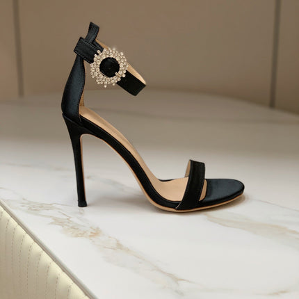 GIANVITO ROSSI 26S HIGH HEEL SANDALS 105 MM IN BLACK FABRIC WITH CRYSTAL BUCKLE
