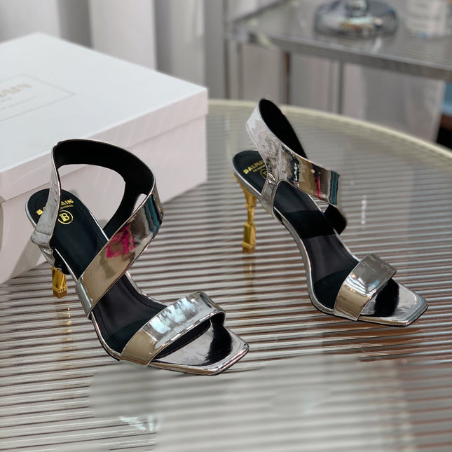 BALMAIN 25S HIGH HEEL SANDALS 95MM IN SILVER GLOSSY CALFSKIN