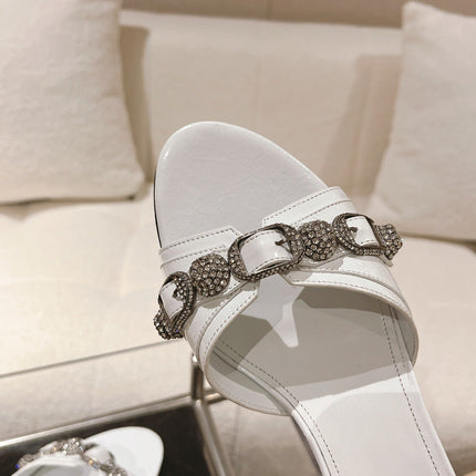 BALENCIAGA 25S HIGH-HEEL SANDALS IN WHITE COW LEATHER WITH RHINESTONE STRAP