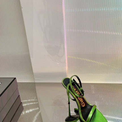 PADLOCK HIGH HEEL 10 CM SANDAL IN LIME GREEN SHEEPSKIN