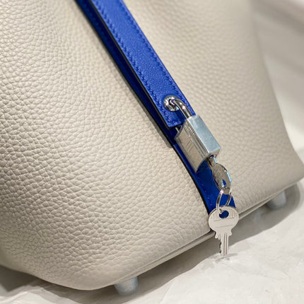 HERMES 25S PICOTIN LOCK 18 IN PEARL GRAY AND ELECTRIC BLUE CALFSKIN SILVER HARDWARE