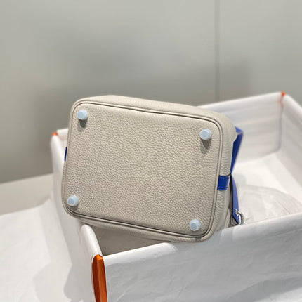 HERMES 25S PICOTIN LOCK 18 IN PEARL GRAY AND ELECTRIC BLUE CALFSKIN SILVER HARDWARE