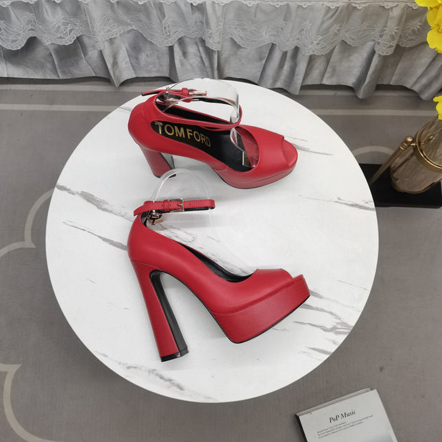 PADLOCK PLATFORM PEEP TOE PUMP 14 CM IN RUBY RED CALFSKIN