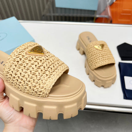 PRA THICK-SOLED CROCHET SANDALS BEIGE WOVEN FABRIC