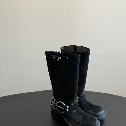 MIUMIU 26S KNEE-HIGH BOOTS IN BLACK SUEDE SILVER HARDWARE
