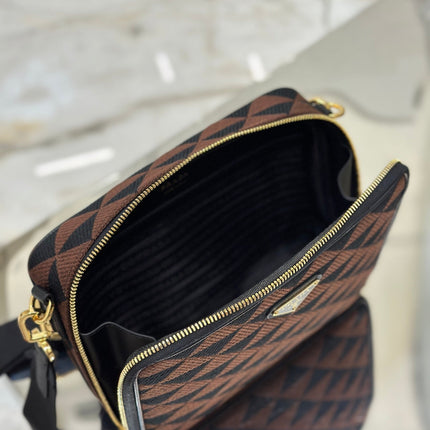 MESSENGER BAG 22 IN BLACK AND BROWN EMBROIDERED FABRIC GOLD HARDWARE