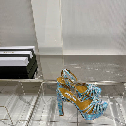 AQUAZZURA 26S HEELED SANDALS 130 MM IN MULTICOLOR BLUE SNAKE-EMBOSSED LEATHER