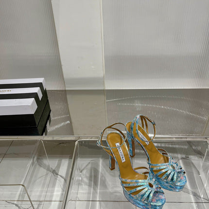 AQUAZZURA 26S HEELED SANDALS 130 MM IN MULTICOLOR BLUE SNAKE-EMBOSSED LEATHER