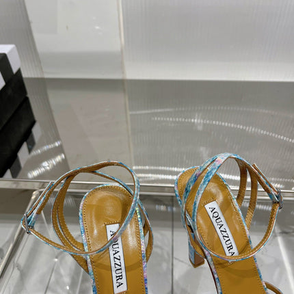 AQUAZZURA 26S HEELED SANDALS 130 MM IN MULTICOLOR BLUE SNAKE-EMBOSSED LEATHER
