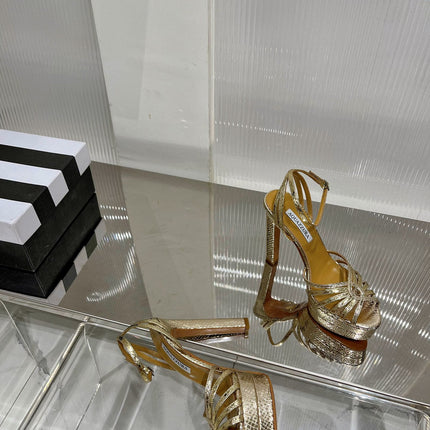 AQUAZZURA 26S HEELED SANDALS 130 MM IN GOLD SNAKE-EMBOSSED LEATHER