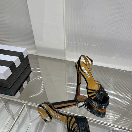 AQUAZZURA 26S HEELED SANDALS 130 MM IN BLACK SNAKE-EMBOSSED LEATHER