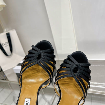 AQUAZZURA 26S HEELED SANDALS 130 MM IN BLACK SATIN