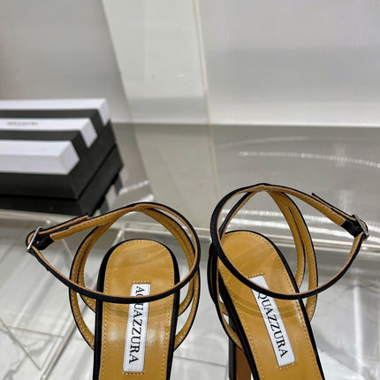 AQUAZZURA 26S HEELED SANDALS 130 MM IN BLACK SATIN