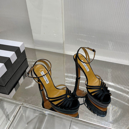 AQUAZZURA 26S HEELED SANDALS 130 MM IN BLACK SATIN