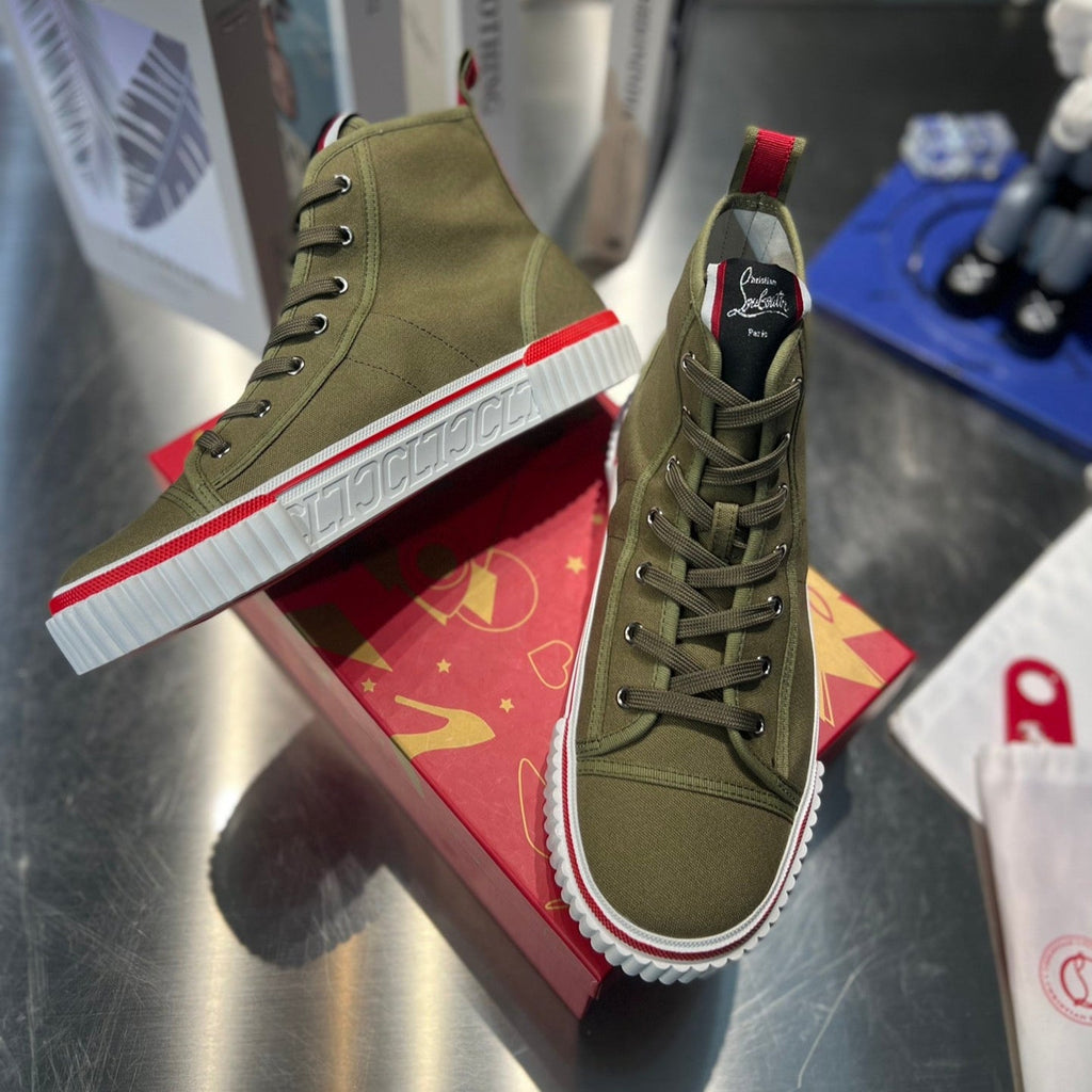 LUBOTING PEDRO HIGH-TOP SNEAKERS IN DARK GREEN MIX RED FABRIC