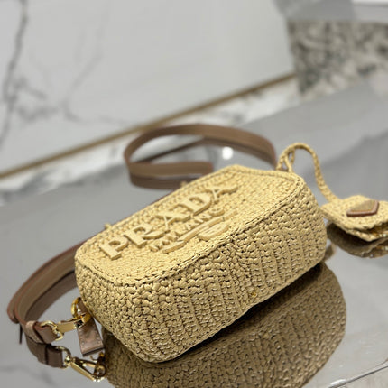 CAMERA BAG 20 IN BEIGE WOVEN RAFFIA