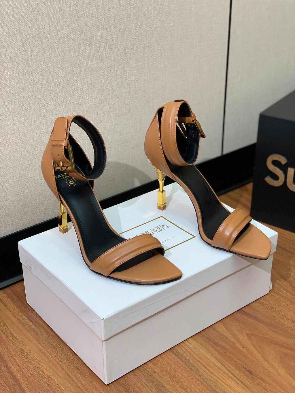 BALMAIN 26S METAL-HEEL SANDALS 105 MM IN BROWN CALFSKIN