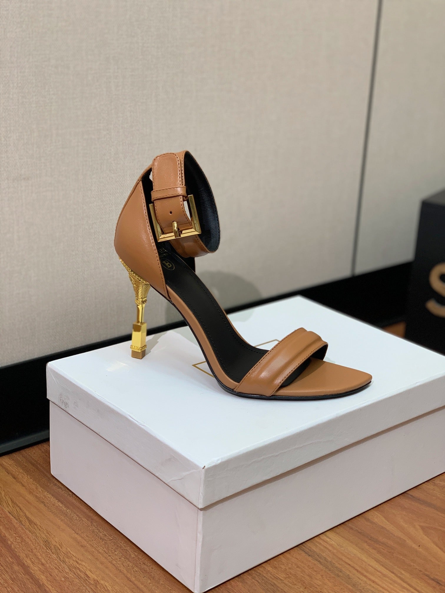 BALMAIN 26S METAL-HEEL SANDALS 105 MM IN BROWN CALFSKIN