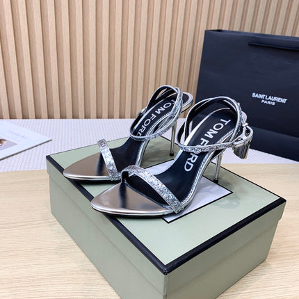 CRYSTAL PADLOCK HIGH HEEL 10 CM SANDAL IN SILVER SHEEPSKIN