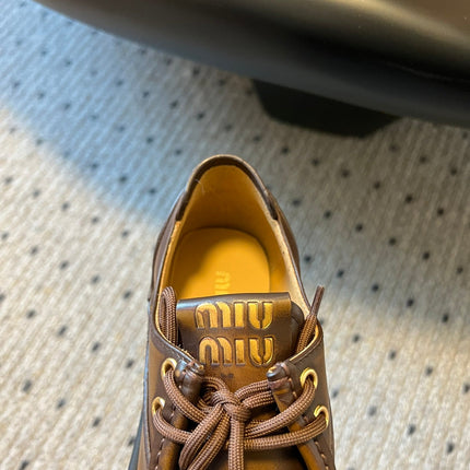 MIUMIU 26S LACED FUME SHOES IN SIENNA BROWN CALFSKIN