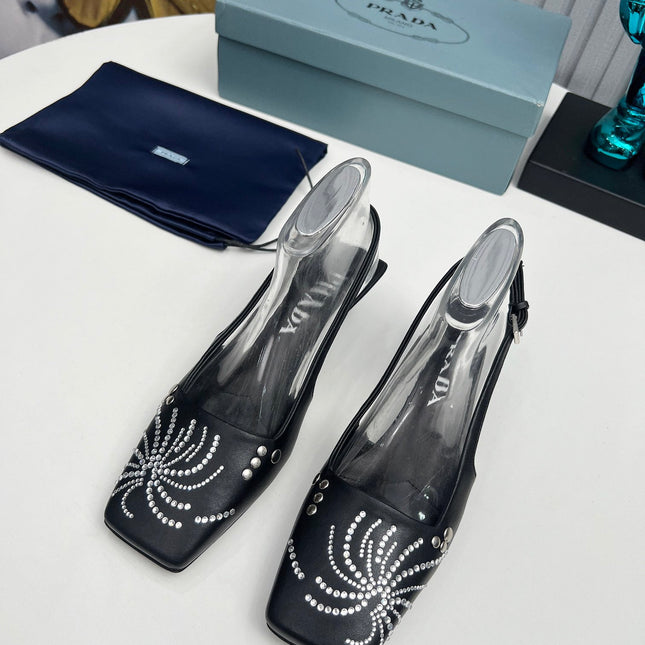PRADA 26S SLINGBACK PUMPS 40MM IN BLACK CALFSKIN CRYSTAL EMBELLISHED