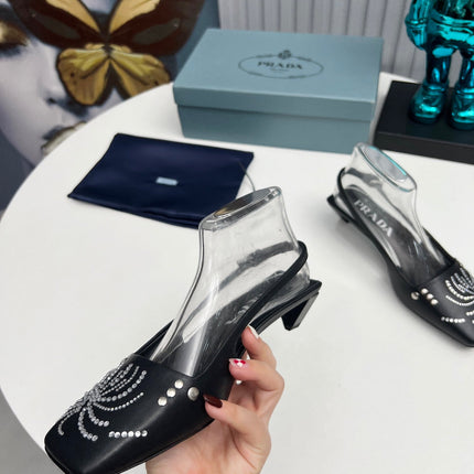 PRADA 26S SLINGBACK PUMPS 40MM IN BLACK CALFSKIN CRYSTAL EMBELLISHED