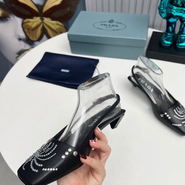 PRADA 26S SLINGBACK PUMPS 40MM IN BLACK CALFSKIN CRYSTAL EMBELLISHED