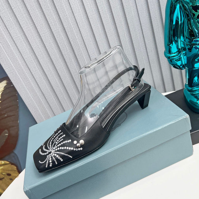 PRADA 26S SLINGBACK PUMPS 40MM IN BLACK CALFSKIN CRYSTAL EMBELLISHED