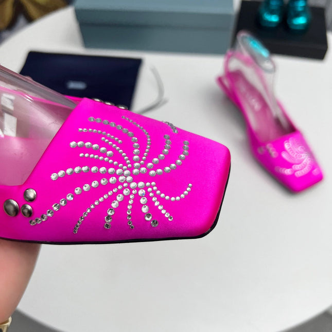 PRADA 26S SLINGBACK PUMPS 40MM IN FUCHSIA PINK SATIN CRYSTAL EMBELLISHED