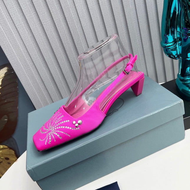 PRADA 26S SLINGBACK PUMPS 40MM IN FUCHSIA PINK SATIN CRYSTAL EMBELLISHED