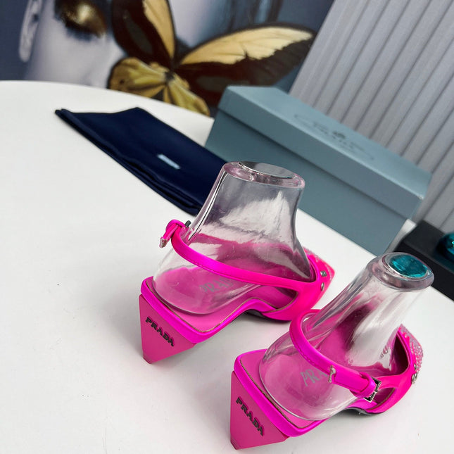 PRADA 26S SLINGBACK PUMPS 40MM IN FUCHSIA PINK SATIN CRYSTAL EMBELLISHED