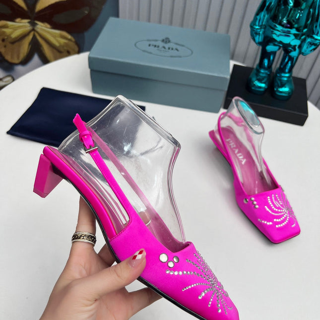 PRADA 26S SLINGBACK PUMPS 40MM IN FUCHSIA PINK SATIN CRYSTAL EMBELLISHED