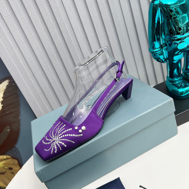 PRADA 26S SLINGBACK PUMPS 40MM IN PURPLE SATIN CRYSTAL EMBELLISHED